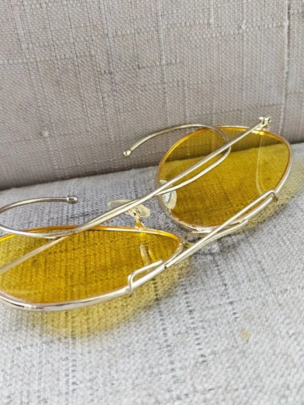 Vintage Men Sunglasses Yellow Tone Lenses Gold Tone Metal Frame Eyewear F.S